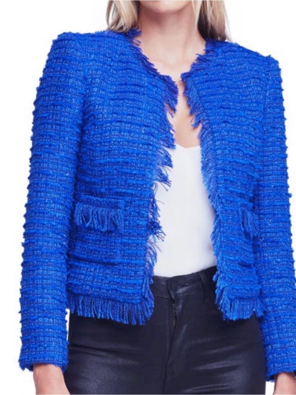 L'Agence Angelina Blue Tweed Fringe Jacket Size 12 NWOT